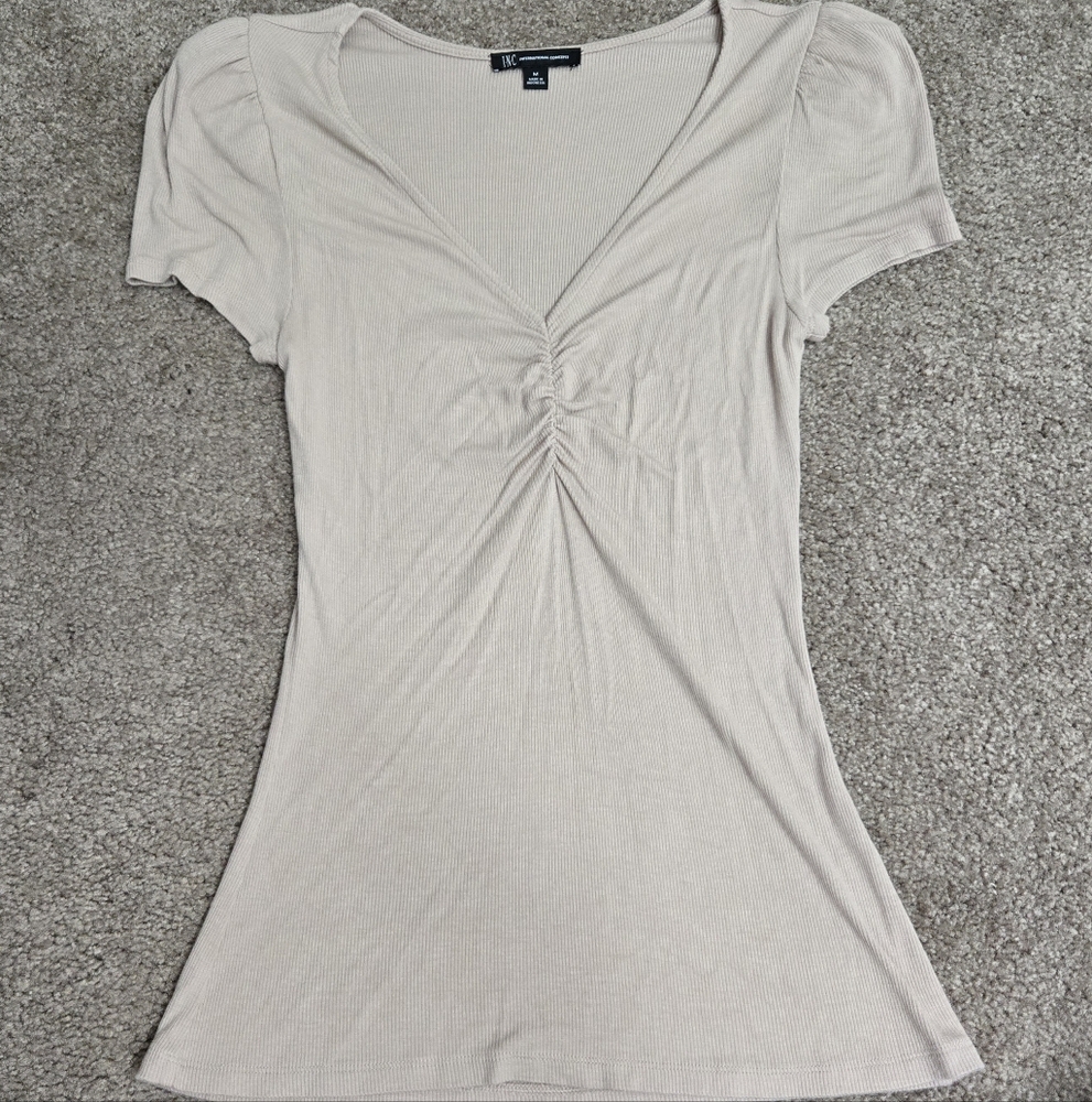 INC International Concepts Cream Ruched V-Neck Blouse M